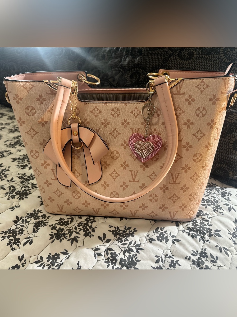 Pink Monogram Tote with Heart Charm